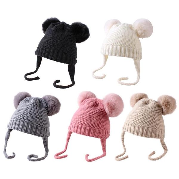 

baby hat kid knitted toddler beanie autumn winter warm double pompom bonnet, Yellow