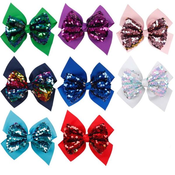 

hair accessories 5 inches bows for girls reversible sequin double layers solid ribbon kids clips hairpins, Slivery;white