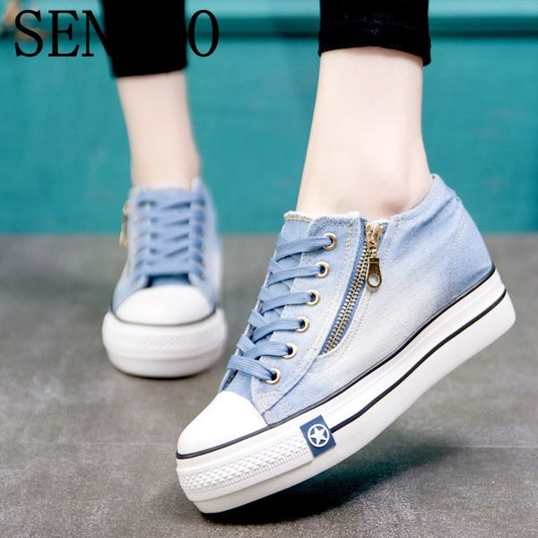 

senbao 2020 classic women fashion casual shoes vintage washed denim canvas flat platform lace-up zipper plimsolls board shoes, Black