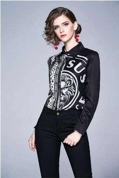 

europe's temperament print fashion wild lapel shirt, White