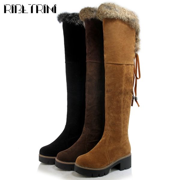 

ribetrini new ladies fashion faux fur non slip shoes woman over the knee boots platform party high chunky heels boots women, Black