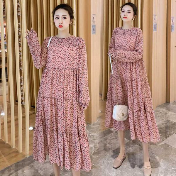 

the new autumn 2020 long-sleeved maternity dress with floral chiffon loose and large mom, White