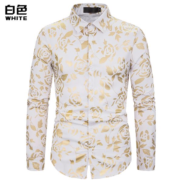 

european size) 2019 men's autumn fashion new nightclub men's lapel rose gilded printed long-sleeved shirt, White;black