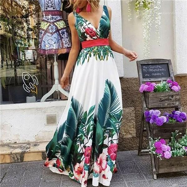 

one color leaves floral printed summer womens dresses v neck sleeveless vacation maxi dresses fashion high waist womens lond dresses, Black;gray