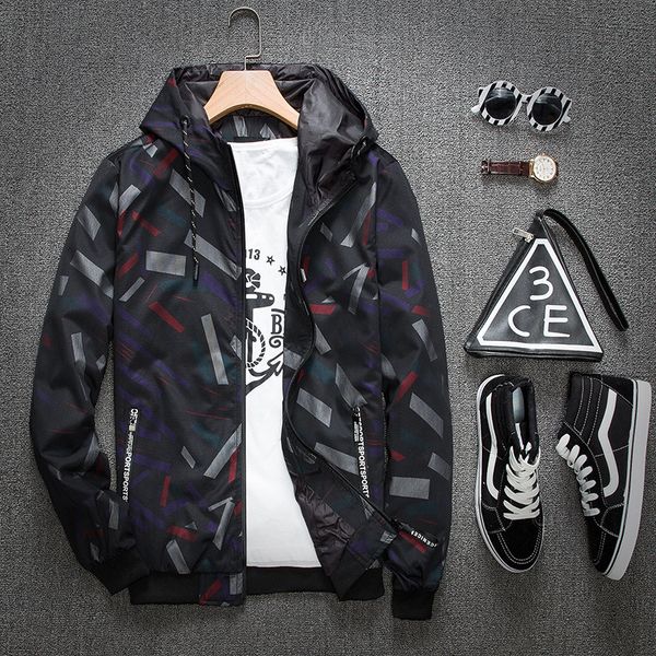 

2019 new mens printed jacket with hooded fashion luxury mens casual autumn jacket coat men hoodie jackets size m-4xl, Black;brown