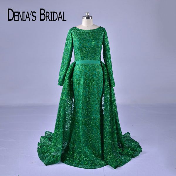 

2018 green mermaid long sleeve evening dresses with overskirt crew neck evening prom gowns, White;black