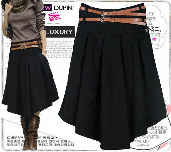 

new arrival autumn winter wool skirt for women plus size mid long skirt high waist pleated black gray woolen skirts women