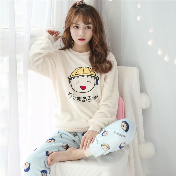 

new arrival 2 piece cute + long pants pajama set nightwear pijama women lingerie flannel winter warm pyjama s-xxl, Blue;gray