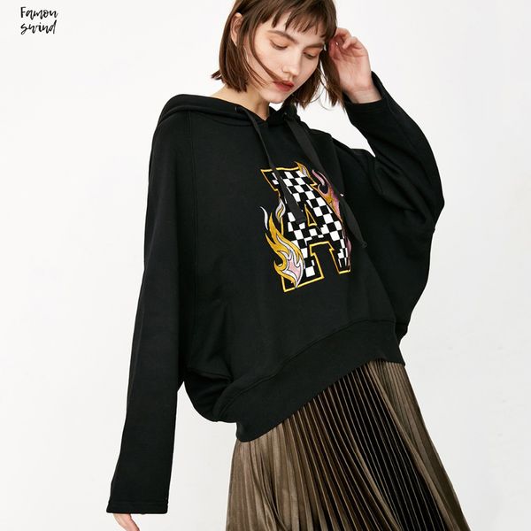 

патч новая мода женская письмо повседневная свободная посадка с капюшоном толстовка женщины уличная batwing рукавом груза падения хорошее ка, Black