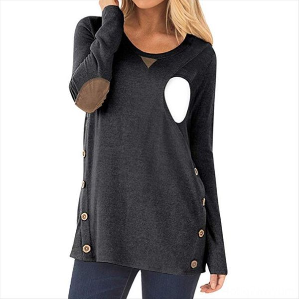 

2019 long sleeve multifunctional pregnant women's t-shirt sweater lactation clothes patch button t-shirt round collar sweater, White