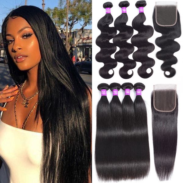 

brazilian human hair bundles with closure body wave straight hair extensions weft 9a human hair weave bundles with 4x4 lace closure, Black