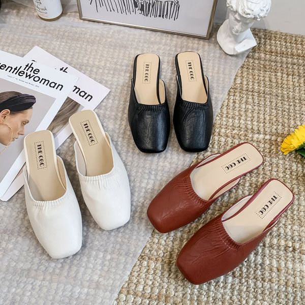 

mules for women 2020 female shoes square toe slippers casual slides low new soft cover summer flat pu basic rubber rome, Black