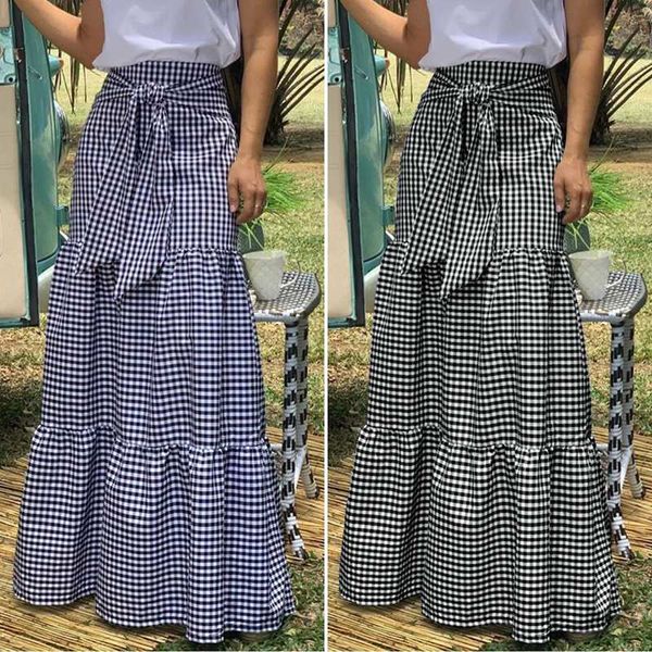 

celmia s-5xl vintage plaid skirts women high waist casual maxi long skirts plus size loose ruffles belted lace-up skirt summer, Black