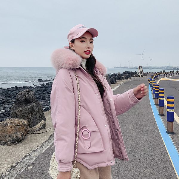 

women cotton jacket 2019 new winter loose coat with fur collar hooded short outwear solid color large size female parkas xin261, Black