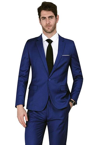 Özel et klas mavi erkekler katı blazer ince fit çentik yaka tek düğmesi smokin takım elbise ayrı ceket katlar bride damat smokin