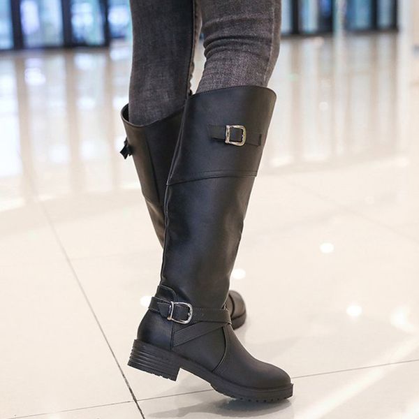 

cowgirl knee-high riding boots women pu leather low heel warm coldproof booties o66, Black