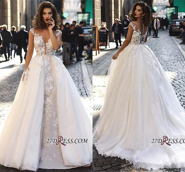 

2019 элегантные кружевные свадебные платья с длинными рукавами и кружевными аппликациями из тюля с открытой спиной свадебные платья со съемн, White