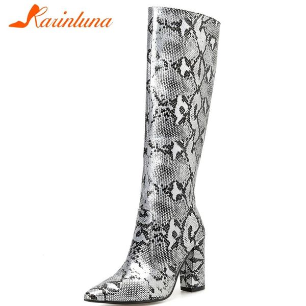 

karin brand new ladies chunky high heels boots fashion snake veins prints mid calf boots women party office shoes woman, Black