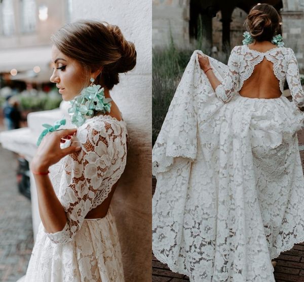 

Замочная скважина с открытой спиной Bateau Country Свадебные платья 3/4 Иллюзия Кружева с длинным рукавом Южно-Африканские женщины Девушки платье Бич Свадебные платья Boho