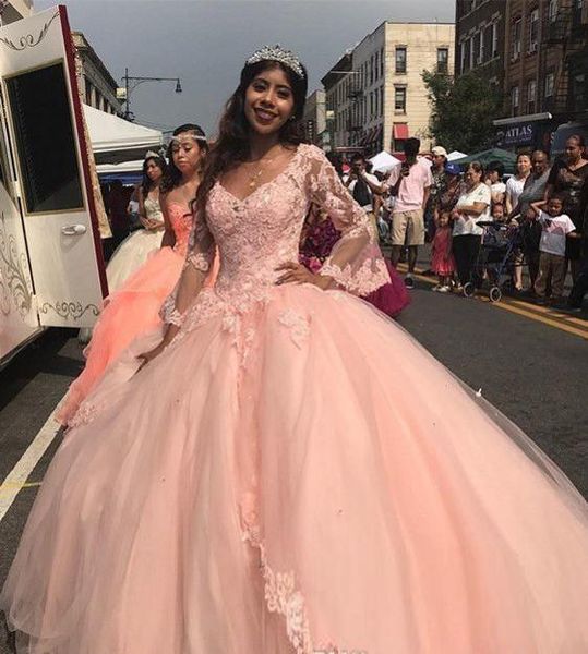 

designer peach pink quinceanera dresses plus size bright ball gown long sleeves lace cinderella prom party miss pageant sweet 15 dress, Blue;red