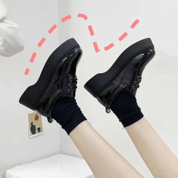 

round toe all-match shoes woman flats british style casual female sneakers autumn clogs platform oxfords women's dress preppy, Black