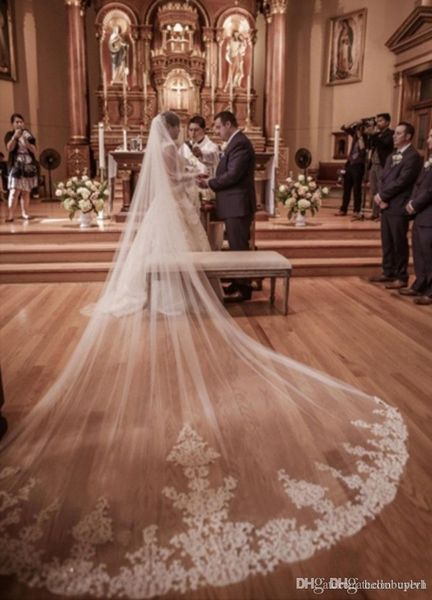 

real sample long whte bridal veil 4m real picture sequined lace ivory wedding veils with lace applique, Black