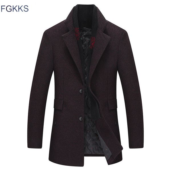 

fgkks men winter wool coat men's new fashion turn-down collar warm thick wool blends woolen pea coat male trench overcoat, Black