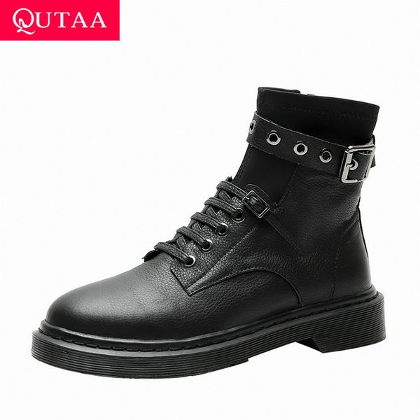 

qutaa 2020 круглый toe пряжка платформа повседневный ботильоны низкий каблук из натуральной кожи узелок zipper мода женская обувь размер 34, Black