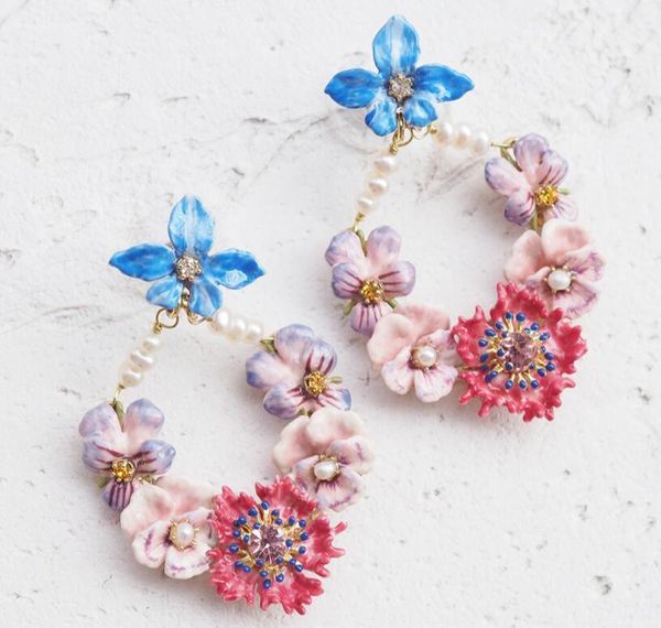 

2019 new handmade enamel glaze pansy flower orchid flower natural freshwater pearl earrings ear clip women jewelry, Silver