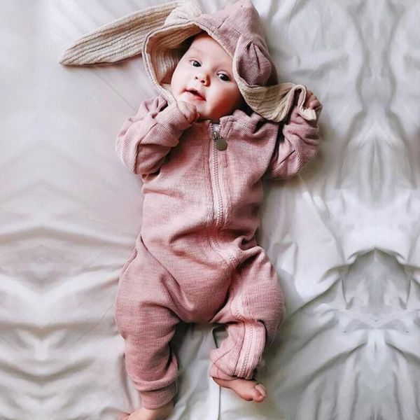 Yeni Stil 4 Renkler Bebek Romper Büyük Kulak Tavşan Kapşonlu Tulum Neonatal Tırmanma Giysileri Moda Fermuar Bebek Erkek Kız Tulum