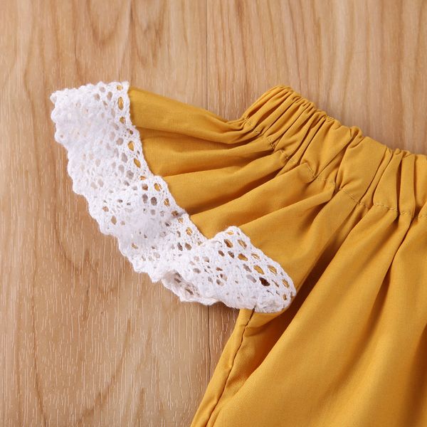 

summer newborn baby girls lace bodysuit ruffles short sleeve yellow jumpsuit headband clothes 0-24m, White