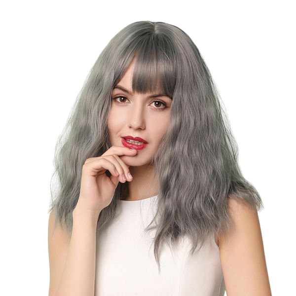 

14'' women shoulder length natural curly wavy wigs gray cosplay wigs w/ bang, Black