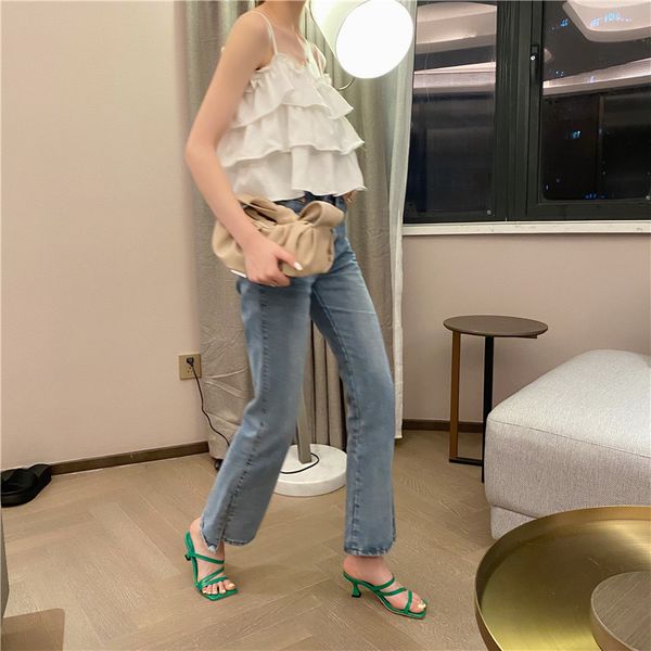 

med thin heels low shoes woman 2020 shallow woman's slippers luxury slides new designer summer rubber pu fashion fabric, Black