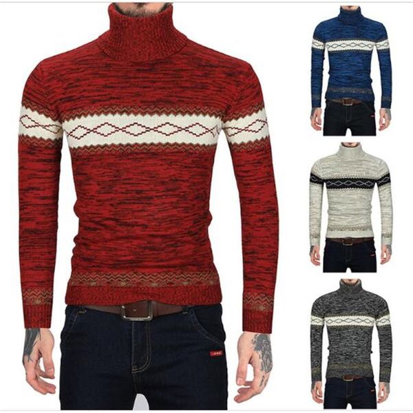 

2020 autumn fashion pullovers men's high collar printing long sleeve sweater casual slim kniting sweater, White;black