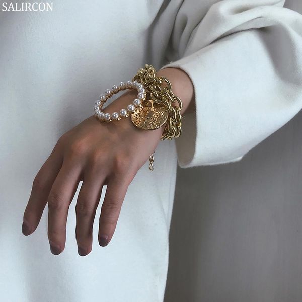 

salircon geometric irregular round bracelet couple initial bracelet double layer imitation pearl fashion jewelry party, Black