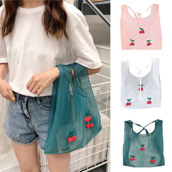 

high capacit women cherry fashion portable bag casual simple student shoulder messenger bag foldable reusable shopping beach