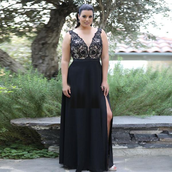 

lace plus size prom dresses plunging neck side split evening gowns floor length chiffon formal dress, Black
