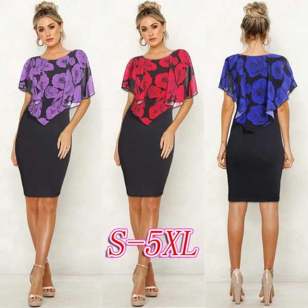 

womens designer dress large flower print chiffon cape slim dress woman, Black;gray