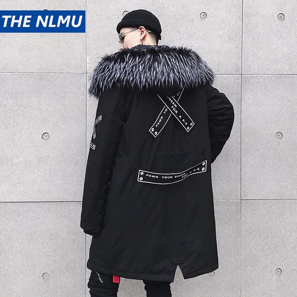 

2018 hip hop winter jacket men hooded fur collar coats parkas streetwear thick medium-long windbreaker coats men clothing q0293, Tan;black