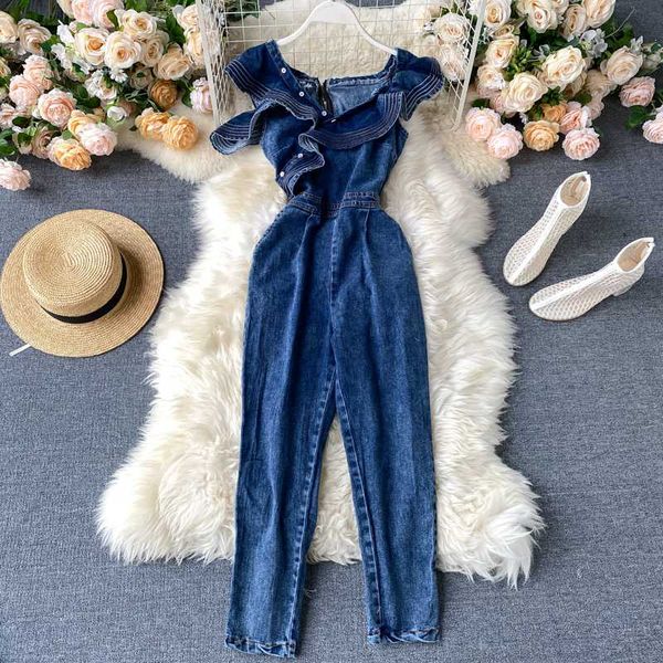 

2020 new women jumpsuit casual vintage back zipper romper denim overalls dark blue off shoulder ruffles rompers, Black;white