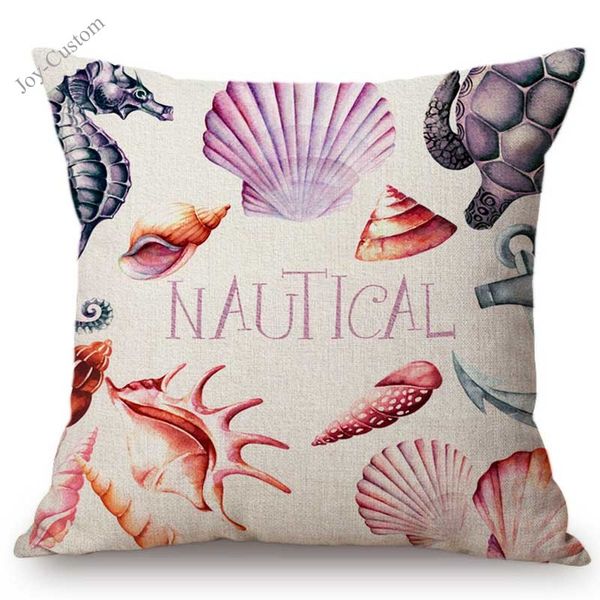 

18" watercolor nautical ocean style seahorse seashell sofa throw pillow home decor cotton linen star fish ruddle cushion cover