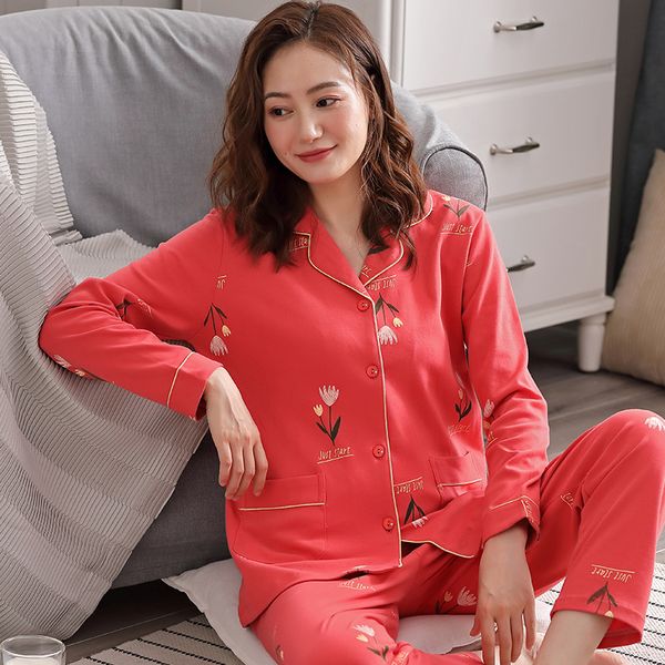 

100% cotton women pajamas set flower warm pyjama long sleeve shirt pants 2piece/set loose plus size home mom sleepwear, Black;red