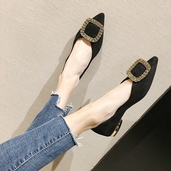 

women korean shoes casual female sneakers elegant shallow mouth pointed toe flats all-match women's heels 2020 retro summer, Black