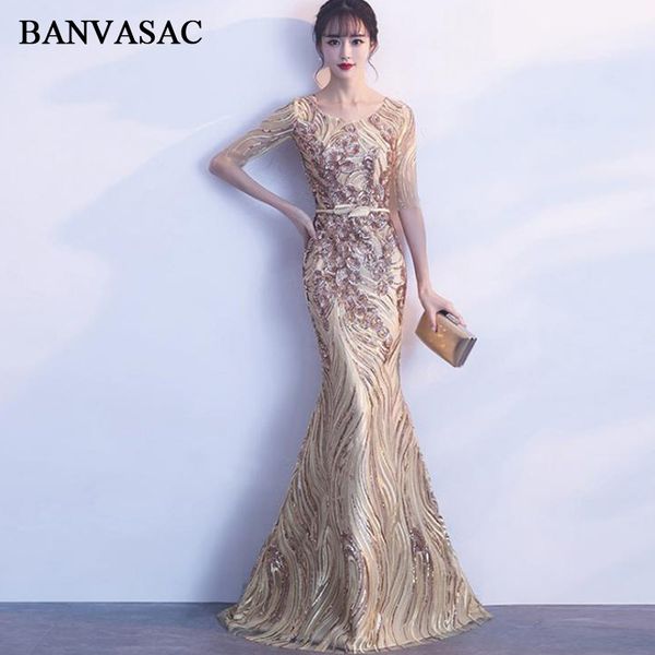 

banvasac 2018 sequined o neck mermaid long evening dresses lace illusion half sleeve metal leaf sash party prom gowns, White;black