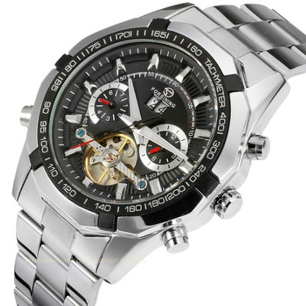 

forsining fashion men's watch classic brand calendar tourbillion analog waterproof dress wristwatch, Slivery;brown