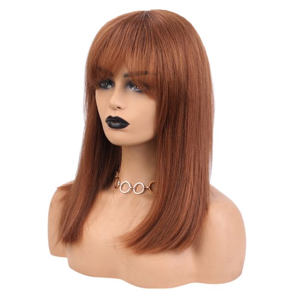 

natural silky medium straight human hair wigs light brown real hair wigs with air bangs for women home daily party dressing(24 inch, Black