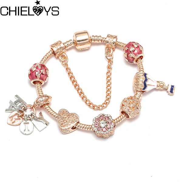 

chieloys authentic enamel crystal bead brand charm bracelet for women with safety chain strand bracelet bangle mother's day gift, Golden;silver