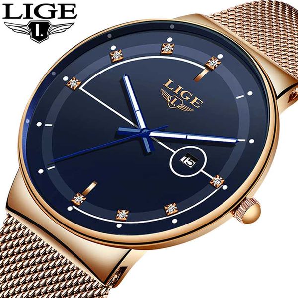 

lige fashion mens watches ultra thin quartz watch for men mesh strap waterproof gold watch relogio masculino, Slivery;brown