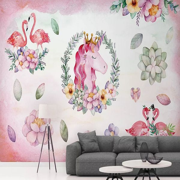 

custom large mural 3d wallpaper nordic cartoon pink flamingo unicorn animal bedroom mural tv back wall decor deep 5d embossed