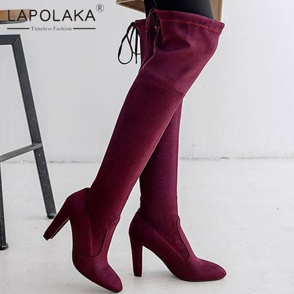 

lapolaka over the knee boots women pointed toe 6 colors stretch boots high heels ladies party shoes plus size 33-46, Black